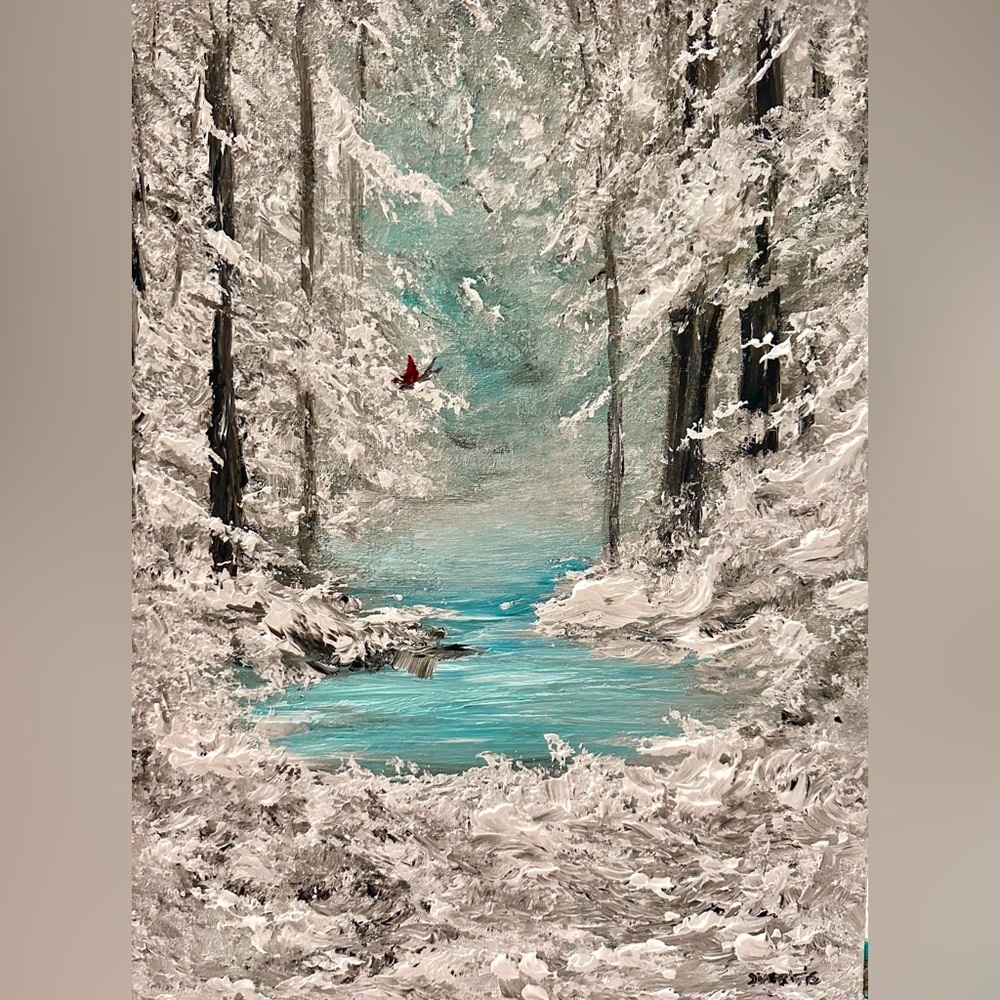 ORIGINAL ACRYLIC WINTER LANDSCAPE TEXTURED PAINTING 16 x 12 inch